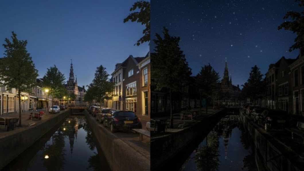 Twee foto's van dezelfde locatie, links met verlichting aan en bedekte lucht en rechts met verlichting uit en een prachtige sterrenhemel zichtbaar