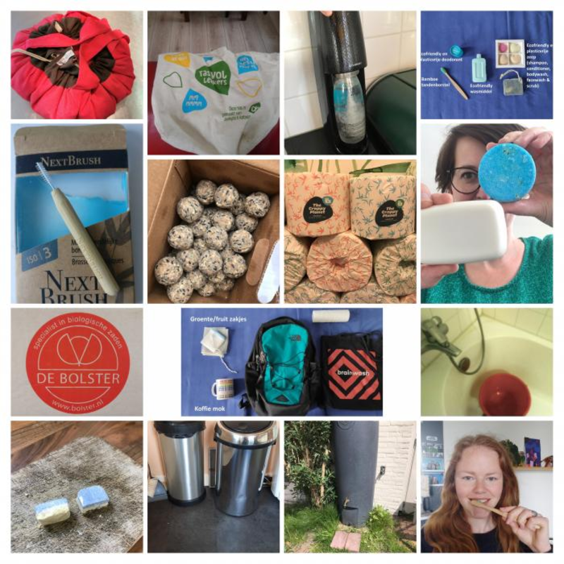 Collage van verduurzamingstips zoals verpakkingsvrije shampoo, boodschappentas, water opvangen