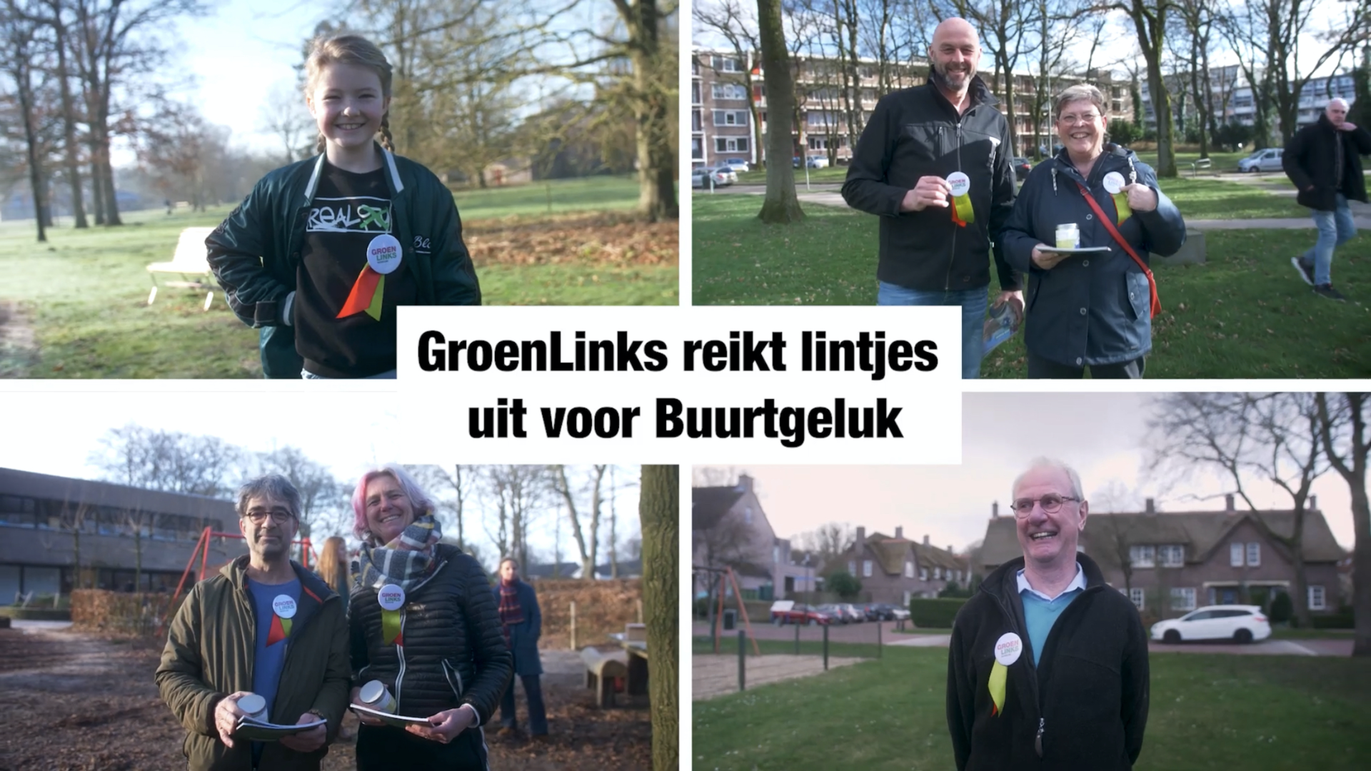 Vier plaatjes van mensen met groenrode lintjes en de tekst 'GroenLinks reikt lintjes uit voor Buurtgeluk'